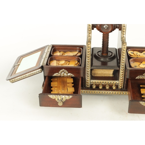 783 - A GOOD 19TH CENTURY ROSEWOOD AND SILVERED BRASS MOUNTED GAMES COMPENDIUM having a central card press... 