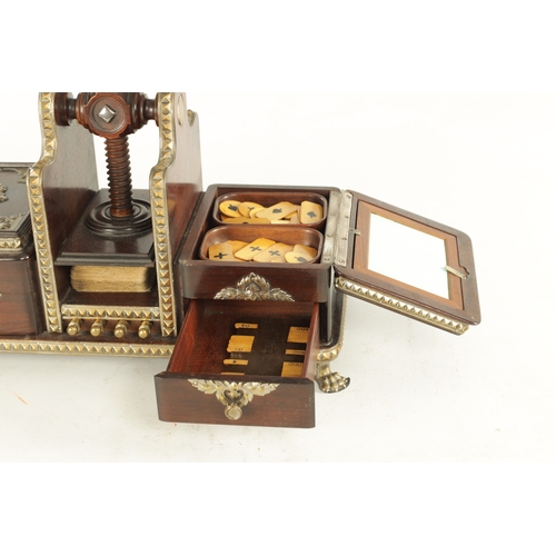 783 - A GOOD 19TH CENTURY ROSEWOOD AND SILVERED BRASS MOUNTED GAMES COMPENDIUM having a central card press... 