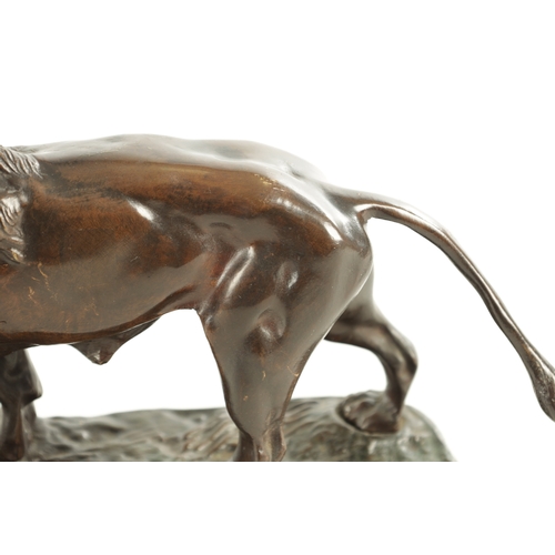 785 - A 19TH CENTURY BROWN PATINATED STANDING BRONZE LION on a naturalistic, earthy base and plain moulded... 