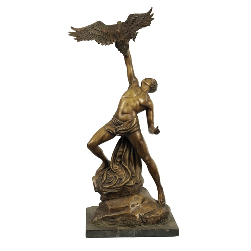 789 - A 20TH CENTURY BRONZE SCULPTURE depicting as semi-nude male with an eagle - signed Denis on a marble... 