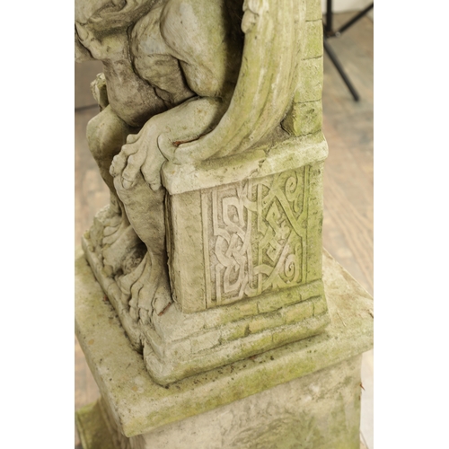 795 - A MODERN COMPOSITE STONE GARDEN STATUE MODELLED AS THE DEVIL seated in a chair raised on a square pl... 