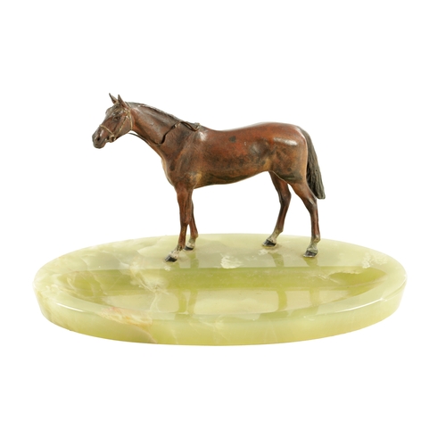 796 - A LATE 19TH CENTURY AUSTRIAN COLD-PAINTED BRONZE DESK TIDY. depicting a standing chestnut horse moun... 