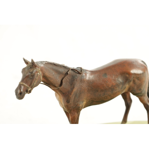 796 - A LATE 19TH CENTURY AUSTRIAN COLD-PAINTED BRONZE DESK TIDY. depicting a standing chestnut horse moun... 