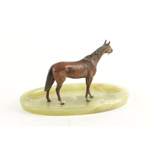 796 - A LATE 19TH CENTURY AUSTRIAN COLD-PAINTED BRONZE DESK TIDY. depicting a standing chestnut horse moun... 