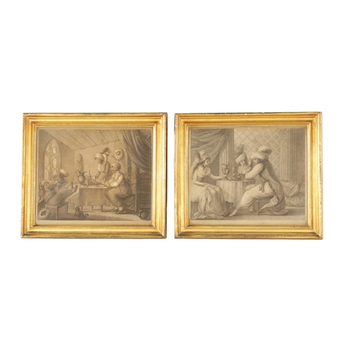 807 - A PAIR OF 18TH CENTURY SATIRICAL PRINTS interior scenes with Eastern figures. - in glazed gilt mould... 