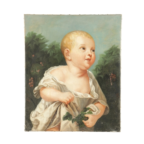 810 - AN 18TH CENTURY CONTINENTAL OIL ON CANVAS PORTRAIT OF A BABY - unframed. (55.5cm high 46cm wide)