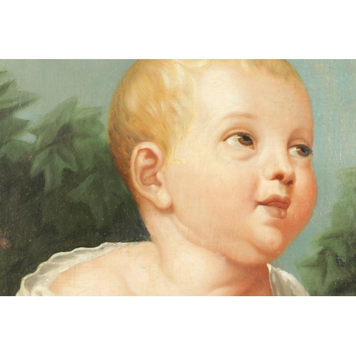 810 - AN 18TH CENTURY CONTINENTAL OIL ON CANVAS PORTRAIT OF A BABY - unframed. (55.5cm high 46cm wide)