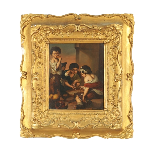 815 - AFTER BARTOLOME ESTEBAN MURILLO. A 19TH CENTURY OIL ON TIN, street children playing dice - in gilt s... 