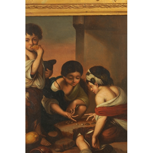 815 - AFTER BARTOLOME ESTEBAN MURILLO. A 19TH CENTURY OIL ON TIN, street children playing dice - in gilt s... 