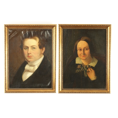 825 - A PAIR OF 19TH CENTURY OILS ON CANVAS LAID ON BOARD depicting portraits of a lady and gentleman, uns... 