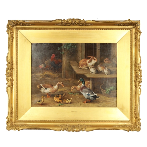 826 - EDGAR HUNT - OIL ON CANVAS a farm yard gathering of poultry, ducks and rabbits on a trestle. signed ... 