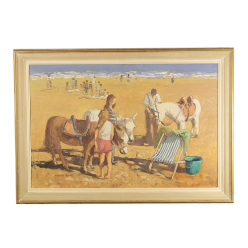 827 - WILLIAM NORMAN GAUNT (1918-2001) A 20TH CENTURY OIL ON BOARD DONKEYS AND CHILDREN PLAYING ON A BEACH... 