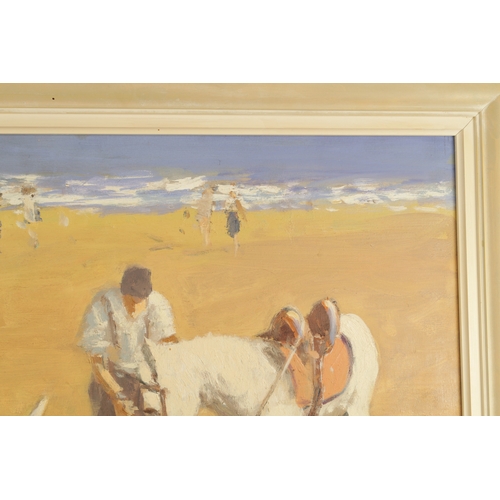 827 - WILLIAM NORMAN GAUNT (1918-2001) A 20TH CENTURY OIL ON BOARD DONKEYS AND CHILDREN PLAYING ON A BEACH... 