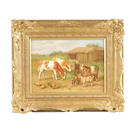 829 - EDGAR HUNT - OIL ON CANVAS BOARD calves and goats in a farmstead. Signed and dated 1948. Swept gilt ... 