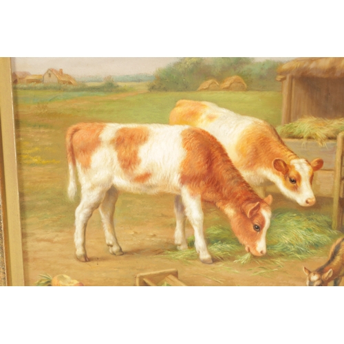 829 - EDGAR HUNT - OIL ON CANVAS BOARD calves and goats in a farmstead. Signed and dated 1948. Swept gilt ... 