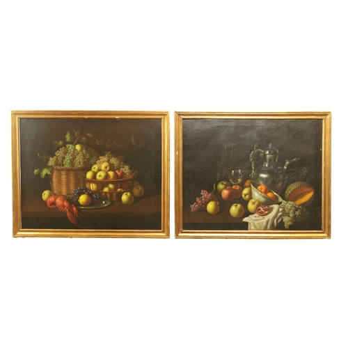 830 - MANNER OF PIETER CLAUSZ A PAIR OF STILL LIFE OIL ON CANVAS having arrangements of fruit - unsigned, ... 