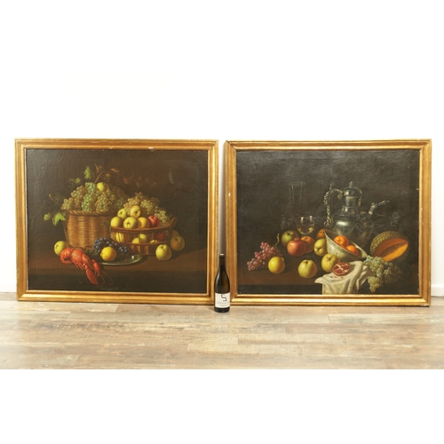 830 - MANNER OF PIETER CLAUSZ A PAIR OF STILL LIFE OIL ON CANVAS having arrangements of fruit - unsigned, ... 