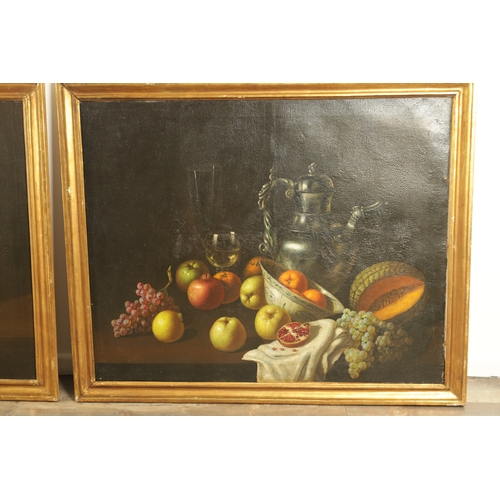 830 - MANNER OF PIETER CLAUSZ A PAIR OF STILL LIFE OIL ON CANVAS having arrangements of fruit - unsigned, ... 