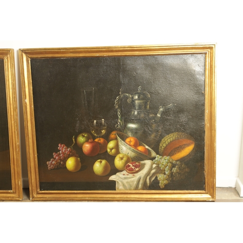 830 - MANNER OF PIETER CLAUSZ A PAIR OF STILL LIFE OIL ON CANVAS having arrangements of fruit - unsigned, ... 