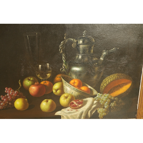 830 - MANNER OF PIETER CLAUSZ A PAIR OF STILL LIFE OIL ON CANVAS having arrangements of fruit - unsigned, ... 