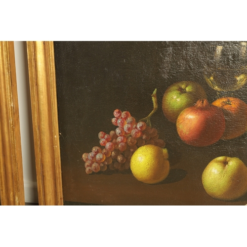 830 - MANNER OF PIETER CLAUSZ A PAIR OF STILL LIFE OIL ON CANVAS having arrangements of fruit - unsigned, ... 