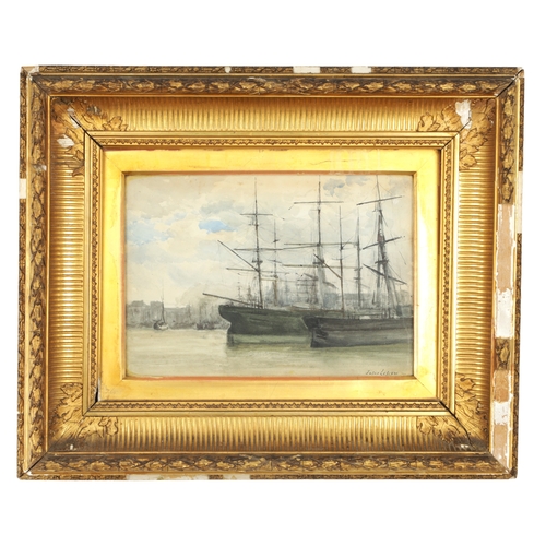 831 - JULES LESSORE (1849 - 1892) - OIL ON OAK PANEL sailing ship in dock, signed. Original ribbed moulded... 