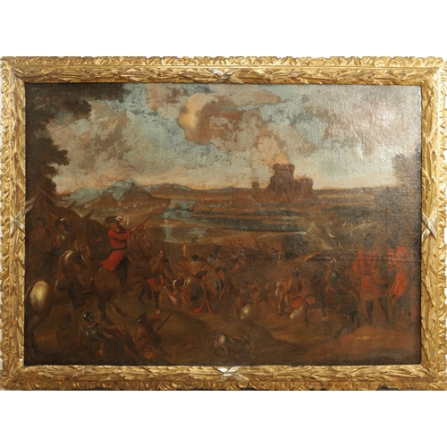 833 - AN 18TH CENTURY DUTCH OIL PAINTING AFTER JAN WYCK of the battle of Boyne - unsigned in carved gilt f... 