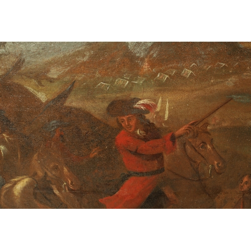 833 - AN 18TH CENTURY DUTCH OIL PAINTING AFTER JAN WYCK of the battle of Boyne - unsigned in carved gilt f... 