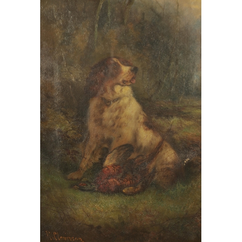 834 - ROBERT CLEMINSON, BRITISH, (1864-1903) OIL ON CANVAS, Spaniel with pheasant in a woodland setting, s... 