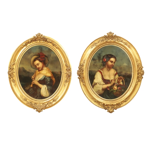 837 - A PAIR OF 19TH CENTURY OIL ON COPPER HALF-LENGTH PORTRAITS OF A YOUNG LADY in gilt leaf moulded oval... 