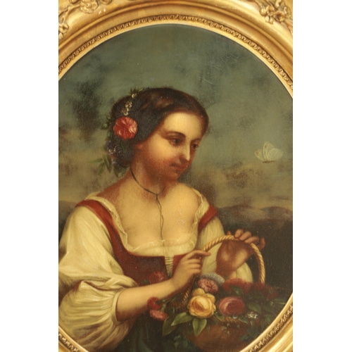 837 - A PAIR OF 19TH CENTURY OIL ON COPPER HALF-LENGTH PORTRAITS OF A YOUNG LADY in gilt leaf moulded oval... 