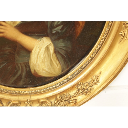 837 - A PAIR OF 19TH CENTURY OIL ON COPPER HALF-LENGTH PORTRAITS OF A YOUNG LADY in gilt leaf moulded oval... 