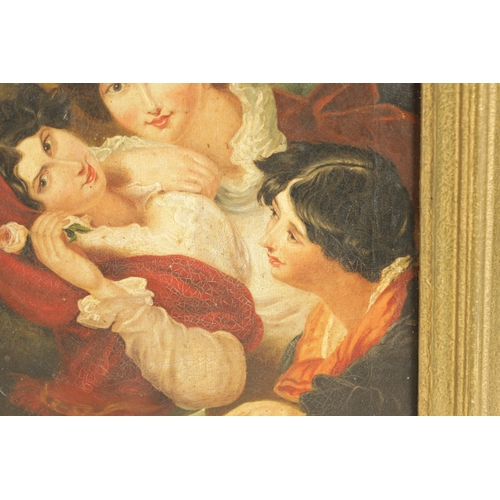 838 - AN EARLY 19TH CENTURY OIL ON CANVAS the love trio - unsigned, in scrolled edged moulded gilt frame. ... 