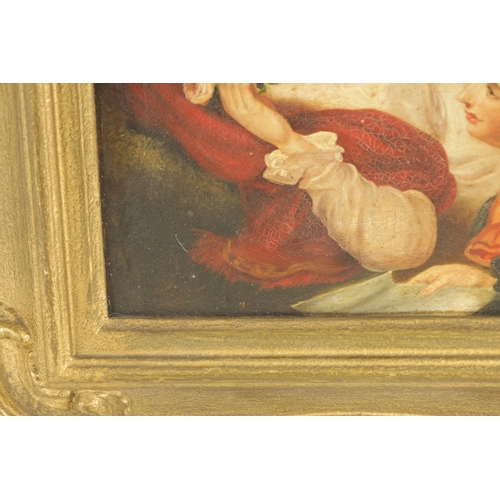 838 - AN EARLY 19TH CENTURY OIL ON CANVAS the love trio - unsigned, in scrolled edged moulded gilt frame. ... 