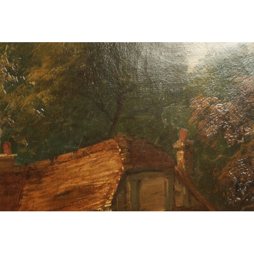 839 - ATT. GEORGE TURNER (1841-1910). OIL ON CANVAS. Country cottage scene. - in gilt swept frame (59.5cm ... 