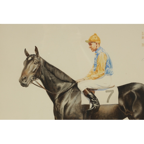 840 - KENNETH S. MACINTIRE. A 20TH CENTURY WATERCOLOUR OF RACEHORSE AND JOCKEY “HIGH STRIKE OWNED BY BING ... 