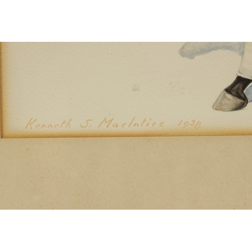 840 - KENNETH S. MACINTIRE. A 20TH CENTURY WATERCOLOUR OF RACEHORSE AND JOCKEY “HIGH STRIKE OWNED BY BING ... 