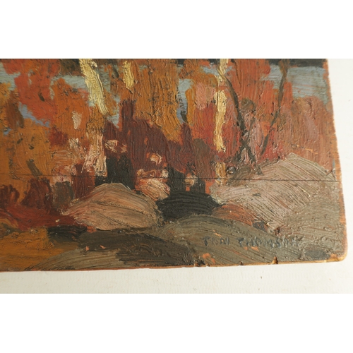 843 - ATT. TOM THOMSON (CANADIAN 1877-1917) OIL ON PANEL depicting an autumn tree-lined mountainous river ... 