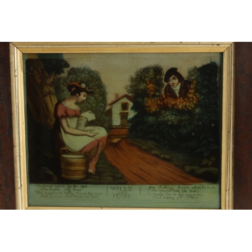 853 - AN EARLY 19TH CENTURY REVERSE GLASS MEZZOTINT, a romantic scene titled Willy and Jessy, published by... 