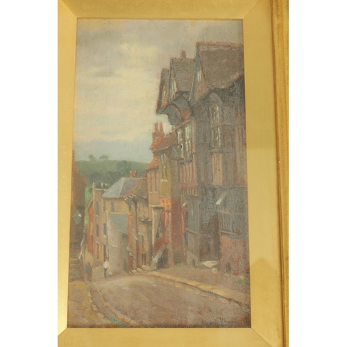 855 - BROOK HARRISON 1860 - 1930 OILS ON BOARD a pair of late 19th Century street scenes, Mermaid Street, ... 