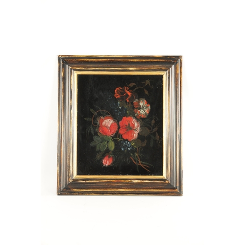 859 - AN 18TH CENTURY DUTCH SCHOOL OIL ON COPPER depicting roses and lilies - mounted in a gilt ebonised m... 