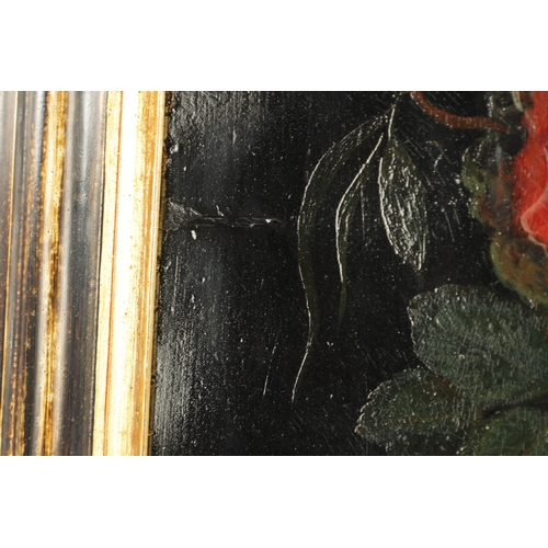 859 - AN 18TH CENTURY DUTCH SCHOOL OIL ON COPPER depicting roses and lilies - mounted in a gilt ebonised m... 