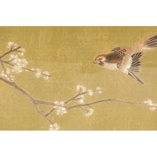 869 - A PAIR OF FINE 19TH CENTURY CHINESE TAPESTRIES ON SILK depicting songbirds on blossoming branch work... 