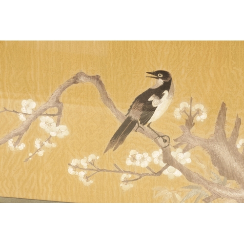 869 - A PAIR OF FINE 19TH CENTURY CHINESE TAPESTRIES ON SILK depicting songbirds on blossoming branch work... 