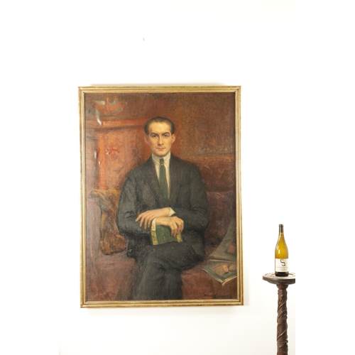 871 - AN EARLY 20TH CENTURY OIL ON CANVAS FULL LENGTH PORTRAIT OF HANS ALIN BY AVA DE LAGERCRANTZ seated h... 