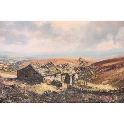 872 - JOHN CORCORAN BORN 1940 OIL ON CANVAS Landscape titled on reverse 'Wuthering Heights' - signed and i... 