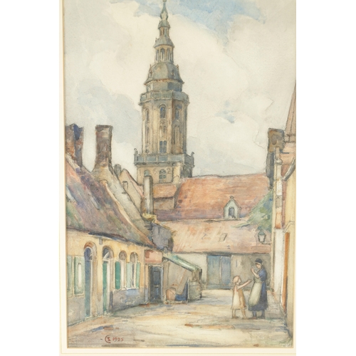 876 - AN EARLY 20TH CENTURY BELGIAN WATERCOLOUR LABELLED ON REVERSE TOWER OF HOTEL DE VILLE signed with mo... 