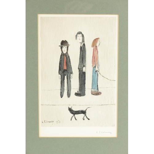 878 - A 20TH CENTURY L. S. LOWRY SIGNED PRINT 'THREE MEN AND A CAT' signed in blue pen with Fine Art Guild... 