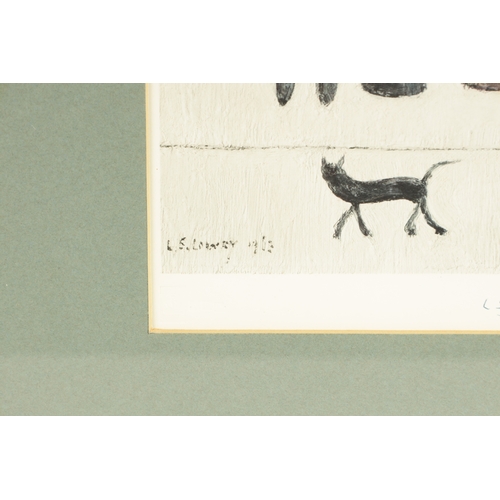 878 - A 20TH CENTURY L. S. LOWRY SIGNED PRINT 'THREE MEN AND A CAT' signed in blue pen with Fine Art Guild... 