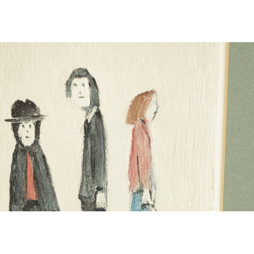 878 - A 20TH CENTURY L. S. LOWRY SIGNED PRINT 'THREE MEN AND A CAT' signed in blue pen with Fine Art Guild... 